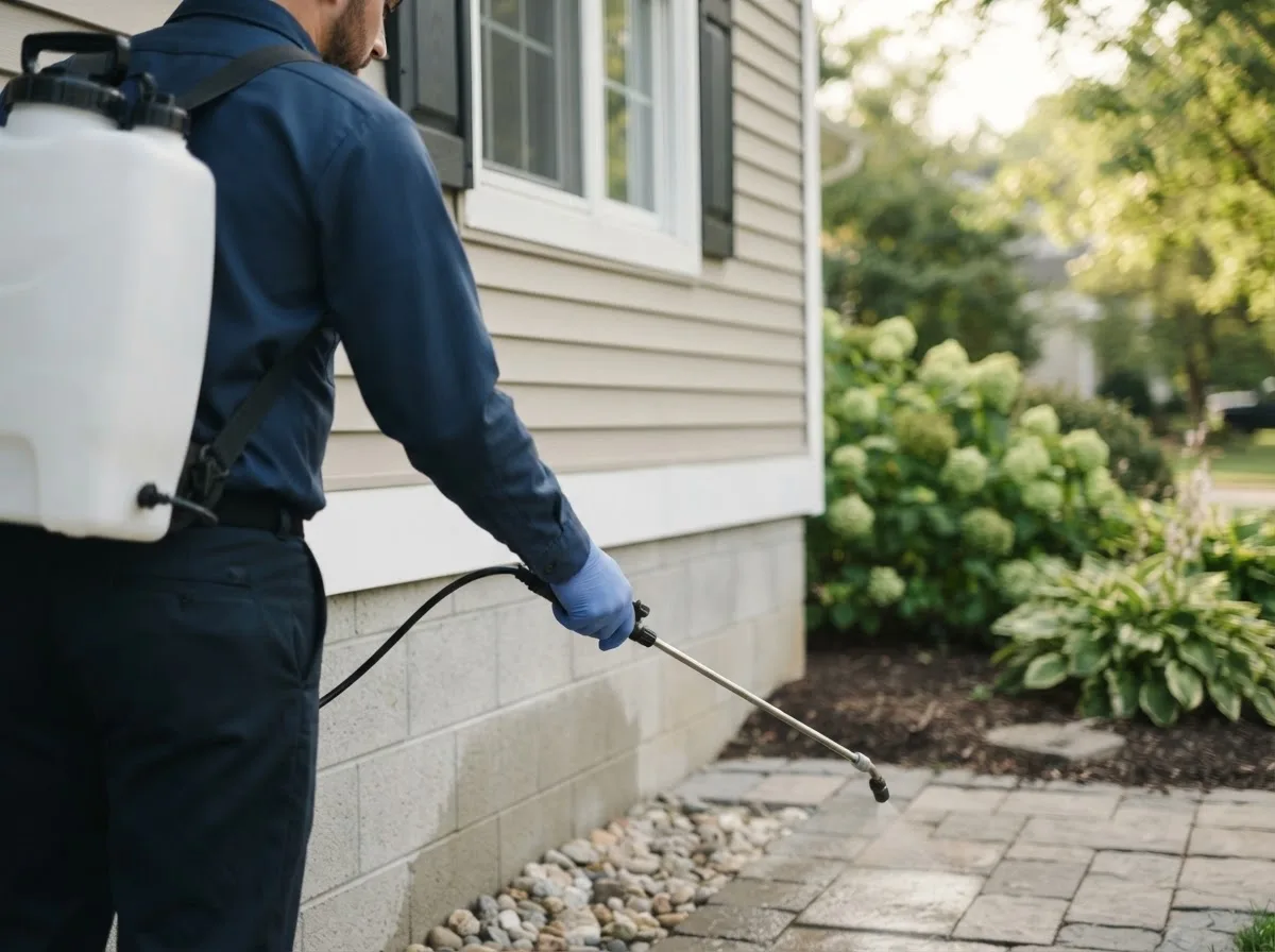 Pest control technician inspecting a home in Diamond, MO